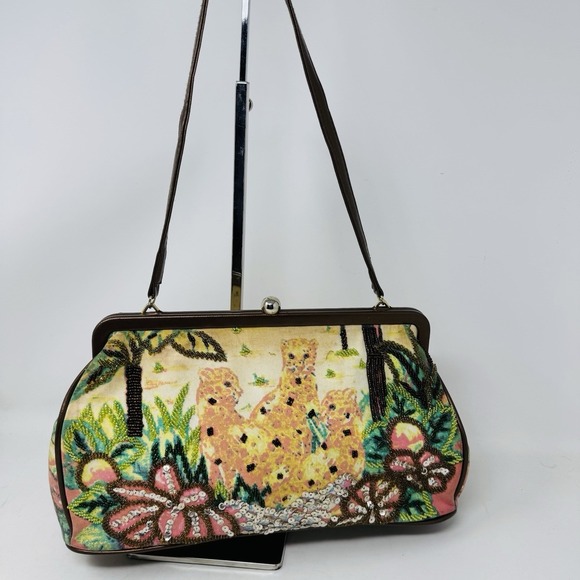 Prezzo Handbags - Vintage Prezzo Boho Multicolor Beaded Bling‎ Fabric Shoulder Handbag Brown Beige
